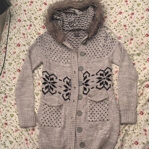 Suzy Shier Gray Cardigan with Faux Fur Hood